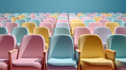 Fototapeta premium Modern Premium Empty Cinema Hall with Pastel Theater Chairs for Authentic Event Promotion and Collective Entertainment Marketing Campaigns