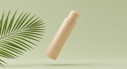 Mockup of 1 semi-opaque plastic beige blank lip balm chapstick floating on a light green background with one palm leaf, lots of detail, lumen render, 8k, photorealism, 