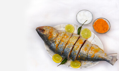 Indian fish fry recipe- fresh whole Hilsa fish or Ilish fish or Poplet cut into slices. cleaned and ready for frying along with spices. ingredients and recipe, white background with copy space.