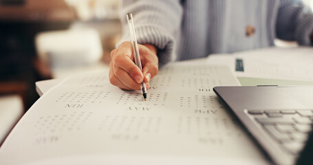 Hands, person and writing on calendar at house for planning, date reminder and schedule...