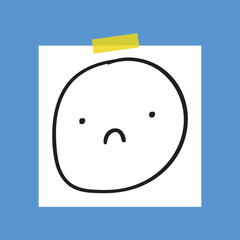 Sad face on white paper note. Hand drawn vector illustration on dark blue background.