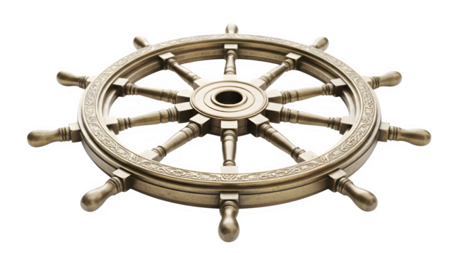 A stunning bronze ship wheel, with intricate detailing and craftsmanship, stands ready to guide nautical adventures and symbolize maritime history, leadership, and voyage, transparent background