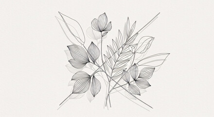 Linear Botanical Illustration Elegant Black Line Art Floral Bouquet with Delicate Leaves and Petals.