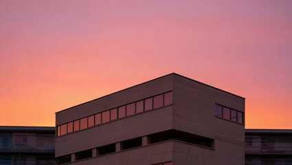 Architectural Silhouette at Dusk: A modern building stands tall against the vibrant canvas of a sunset sky, its geometric form silhouetted by the fading light. The building is an image of progress.