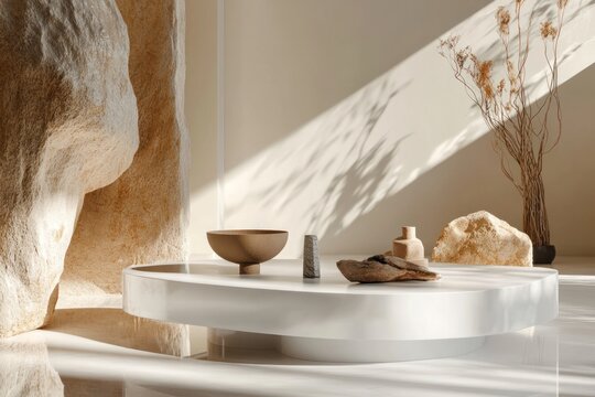 Modern minimalist product staging with natural elements, white gloss table and warm light