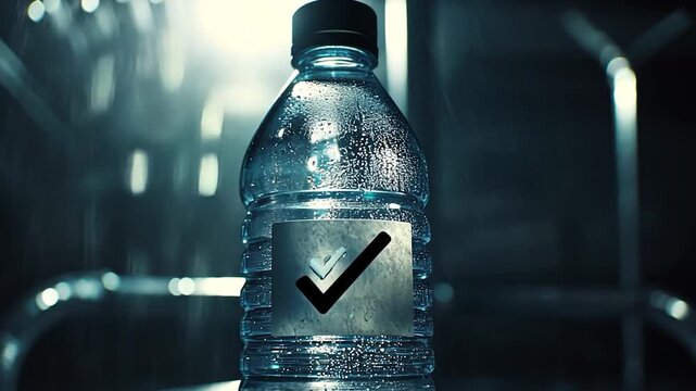 Close-up of a plastic water bottle with a check mark label