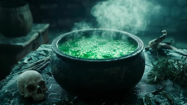 Mysterious green potion bubbling in a dark, mystical setting with ancient props in a spooky atmosphere