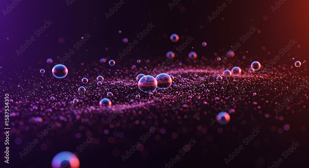 Fototapete Abstract digital rendering of floating spheres and particles with a vibrant, colorful gradient background, creating a cosmic or futuristic effect.