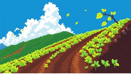 Obraz premium 8-bit Japanese mountain-edge vegetable farm with steep rows of crops, wind blowing pixelated leaves across soil beds