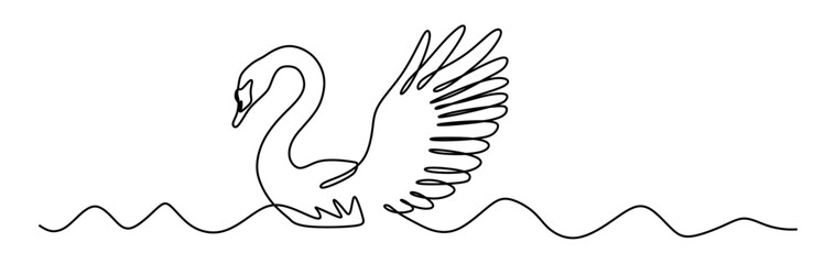 continuous line art of a swan flapping its wings and swimming in slightly wavy water