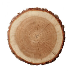A close-up view of a natural wooden tree stump, showcasing the intricate rings and textures of the wood, isolated on a white background.
