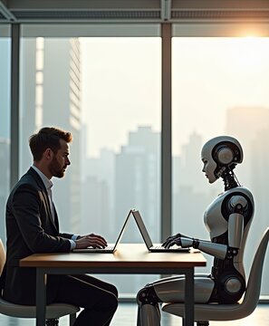 Human and Robot Collaboration: A symbol of innovative co-working dynamics, a human executive and a humanoid robot are working on laptops at same desk in front of a grand skyline view.