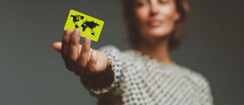 Professional Woman Holding Digital Payment Card with Secure Holographic Icon and World Map Modern Fintech Innovation for Global Marketing and Advertising