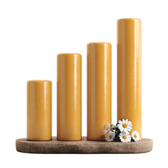A decorative arrangement of four cylindrical candles in various heights, accompanied by fresh daisies on a wooden tray, creating a warm and inviting ambiance.