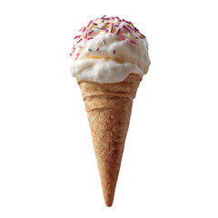 A delicious ice cream cone topped with whipped cream and colorful sprinkles, perfect for a sweet treat on a hot day.