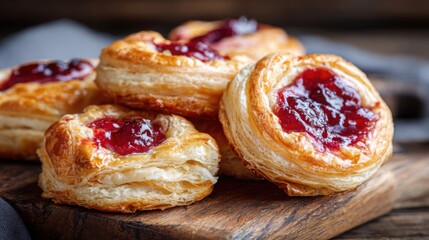 fluffy puff pastries filled with glossy cherry jam and vibrant apricot jam, golden crispy layers, close-up, soft natural lighting, warm and cozy atmosphere