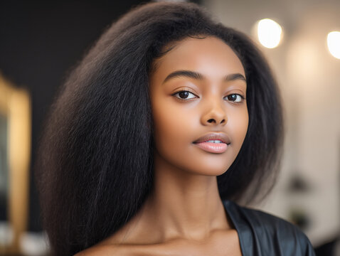 Glamorous black woman at hair salon with fresh blow out