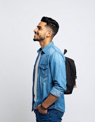 Fototapeta premium Happy Young Man with Backpack Smiling Profile View.