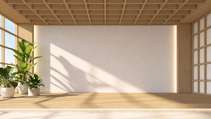 Japanese style empty room with white wall and wooden raised floor. Indoor plants on the side and wooden ceiling. 3d rendering