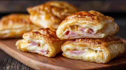 fluffy puff pastries filled with savory ham and melted cheese, golden crispy layers, close-up, warm soft lighting, rustic wooden table background, appetizing texture, freshly baked savory snack 