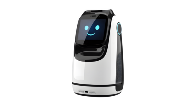 A friendly futuristic robot companion with a smiling screen face stands out on a sleek transparent background, showcasing technological innovation and approachable artificial intelligence.