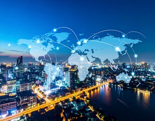 Night cityscape with illuminated skyscrapers and a digital world map overlay showing global connectivity and data lines over a vibrant urban skyline