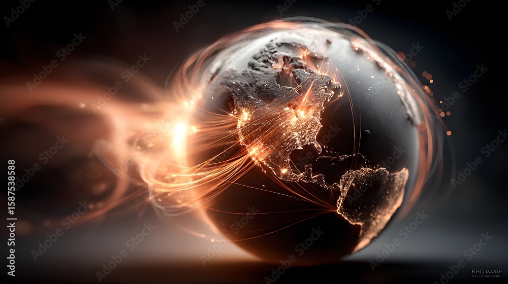 Poster a glowing three dimensional planet earth with continents visible and a dynamic network of glowing li