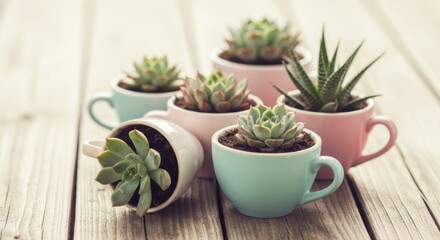 Succulent Plants in Colorful Teacup Planters on Wooden Surface