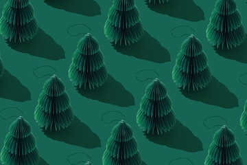 Aesthetic top view of green honeycomb paper Christmas tree ornaments, Craft xmas fir as holiday...