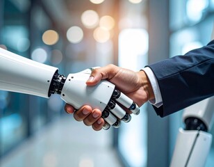 Businessman shaking hands with a humanoid robot in a modern technology-enabled environment, symbolizing collaboration between humans and artificial intelligence in the workplace