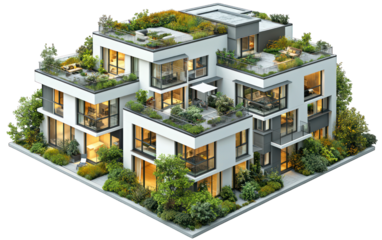 Modern building with rooftop gardens, isometric view