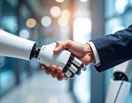 Businessman shaking hands with a humanoid robot in a modern technology-enabled environment, symbolizing collaboration between humans and artificial intelligence in the workplace