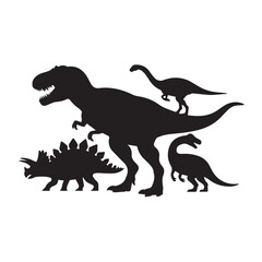 Naklejka premium Silhouette Dinosaurs Vector Illustration of Prehistoric Creatures, Tyrannosaurus Rex, Triceratops and other species in black