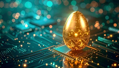 Futuristic digital egg with glowing circuit patterns and holographic clock symbol blending technology and innovation concept in warm golden hues