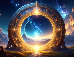 Mystical ancient golden circular portal with intricate carvings standing in a vibrant fantasy landscape under a starry night sky with galaxies and mountains, evoking magic and cosmic wonder