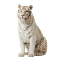 Obraz premium A majestic white tiger sitting gracefully, showcasing its unique stripes and striking features against a white isolated background.
