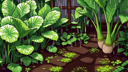 8-bit Japanese homestead garden after rainfall, shiny wet leaves of bok choy and taro plants, pixel puddles scattered around the garden path