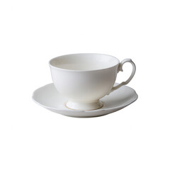 A minimalistic white teacup and saucer set isolated on a white background, perfect for showcasing elegant beverage presentations.