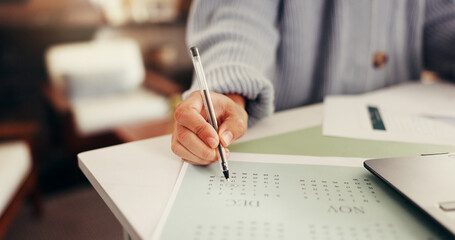 Hands, person and notes on calendar at house for planning, date reminder and schedule appointment....