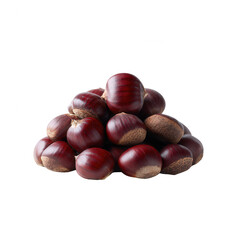 Fototapeta premium A pile of glossy, brown chestnuts stacked against a white isolated background, showcasing their smooth textures and rich color.