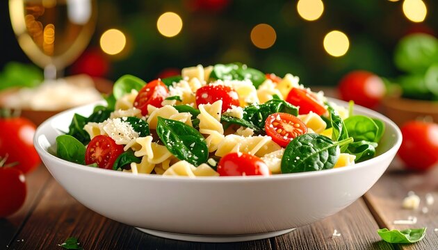 Pasta salad in white bowl, festive setting - Powered by Adobe