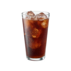 A refreshing glass of dark soda with ice cubes, condensation visible on the surface, perfect for quenching thirst on a hot day.