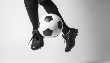 soccer player kicking ball, foot resting on a classic football, The player is wearing black socks with white stripes, soccer, sports training, competition, teamwork, and athletic footwear