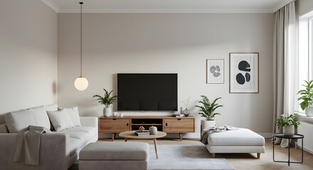 Fototapeta premium Modern Scandinavian living room interior, center perspective, wooden flooring, natural sunlight