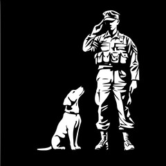 Salute of Loyalty – Soldier and Dog in Black and White Vector Silhouette