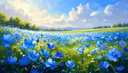 A vibrant meadow of delicate blue and white flowers blooming under a soft, pastel sky. The watercolor style evokes feelings of tranquility, springtime freshness, and natural harmony