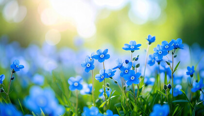 A vibrant meadow of delicate blue and white flowers blooming under a soft, pastel sky. The watercolor style evokes feelings of tranquility, springtime freshness, and natural harmony