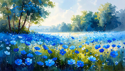 A vibrant meadow of delicate blue and white flowers blooming under a soft, pastel sky. The watercolor style evokes feelings of tranquility, springtime freshness, and natural harmony