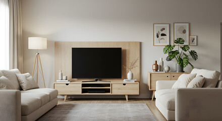 Fototapeta premium Modern Scandinavian minimalist living room, center perspective, wooden flooring, natural sunlight