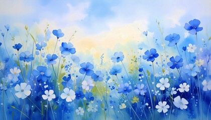 A vibrant meadow of delicate blue and white flowers blooming under a soft, pastel sky. The watercolor style evokes feelings of tranquility, springtime freshness, and natural harmony